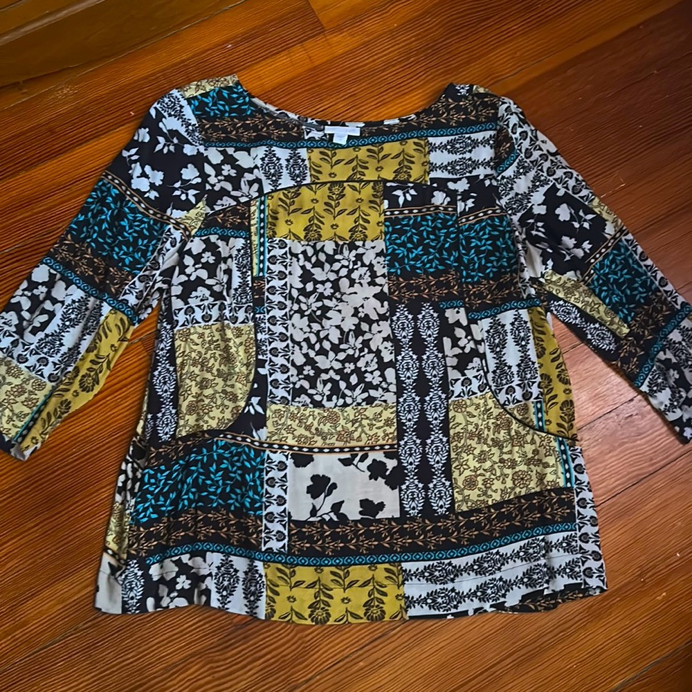 J. Jill Blouse Top Three Quarter Length Sleeve Fall Colors Women’s Medium